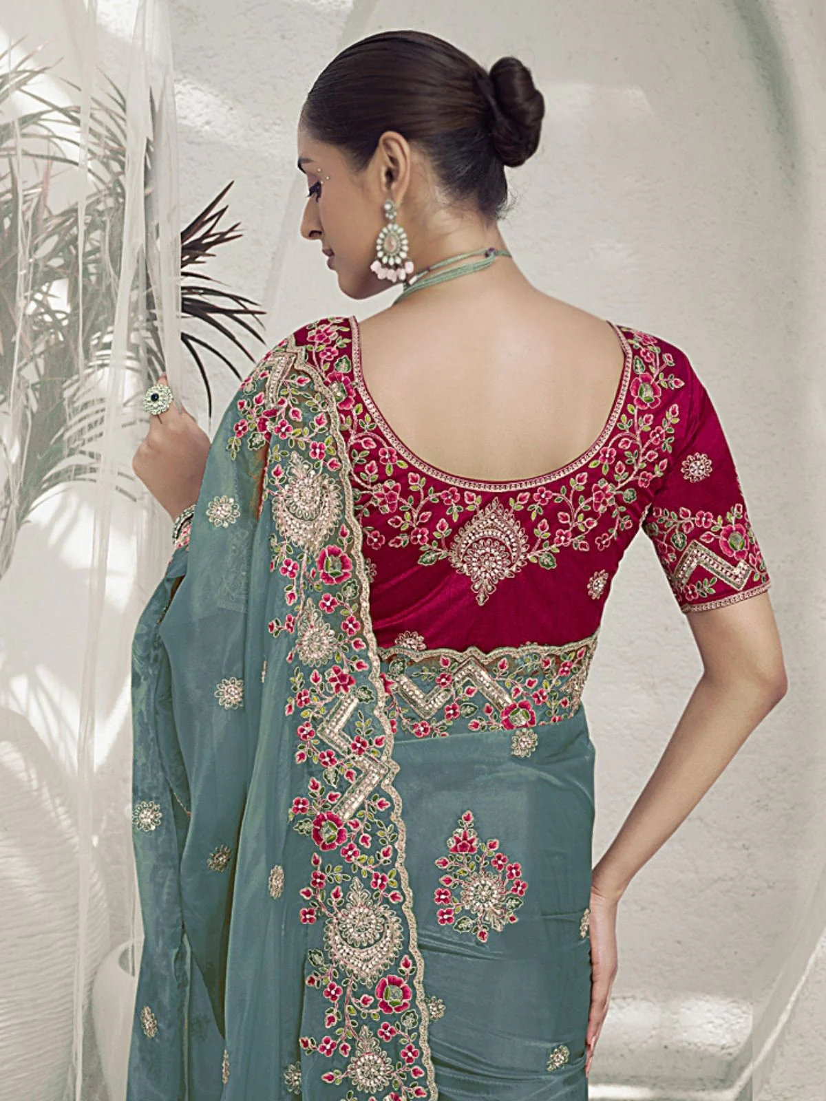 Odette Teal Organza Embroidered Elegant Saree For Women - Image 3