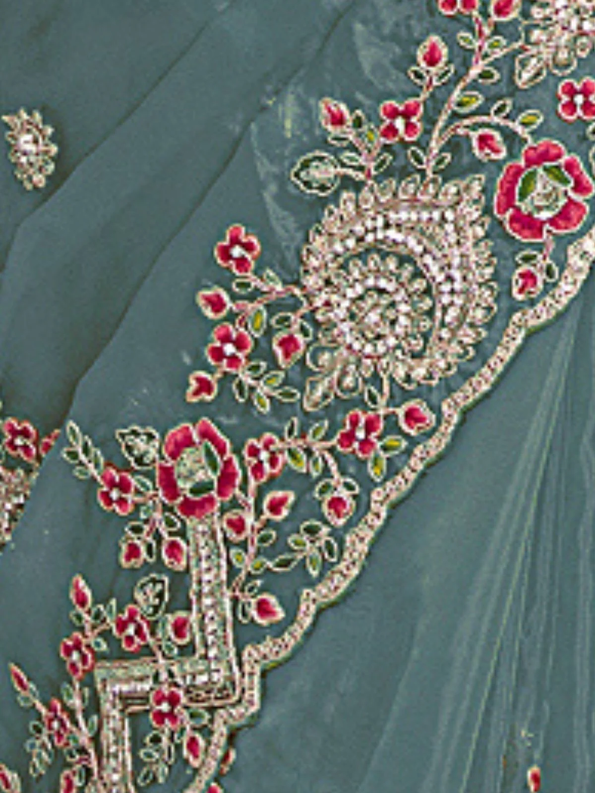 Odette Teal Organza Embroidered Elegant Saree For Women - Image 4