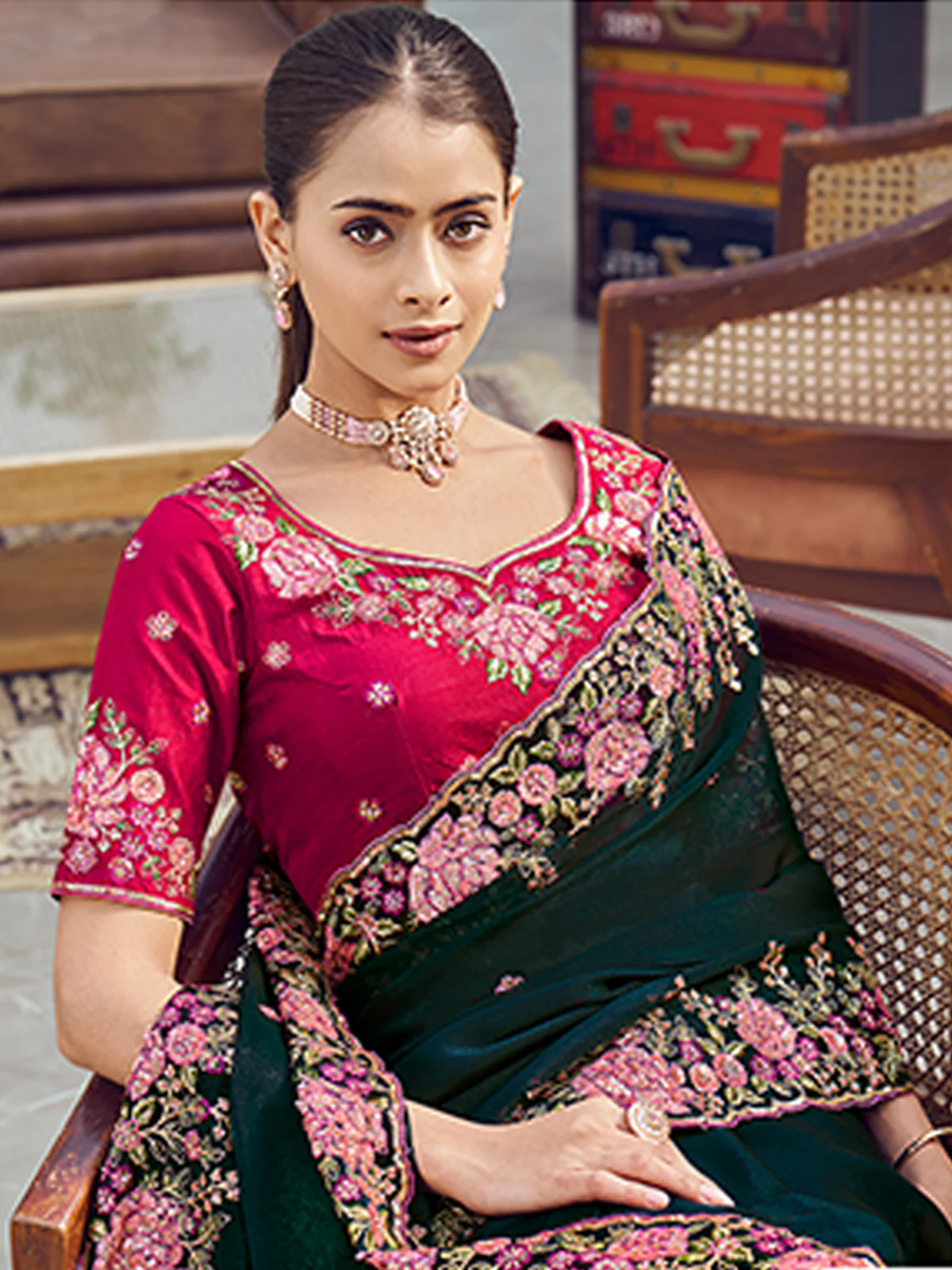 Odette Teal Georgette Embroidered Saree with Unstitched Blouse For Women - Image 2