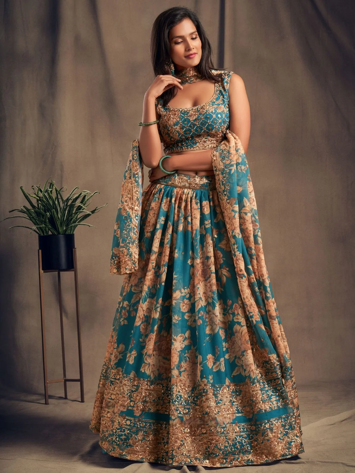 Odette Teal Organza Printed Semi Stitched Lehenga With Unstitched Blouse For Women - Image 2