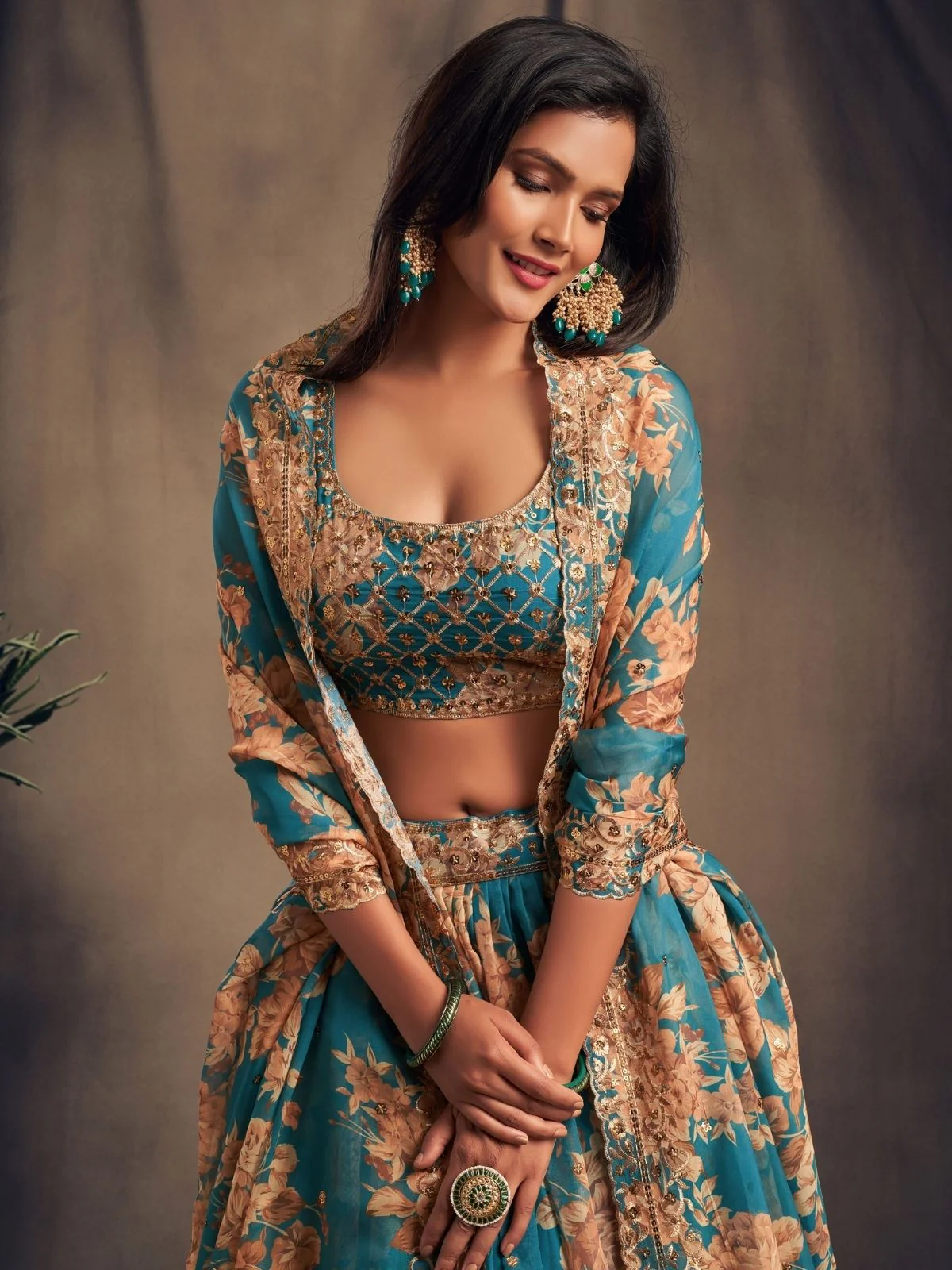 Odette Teal Organza Printed Semi Stitched Lehenga With Unstitched Blouse For Women - Image 5
