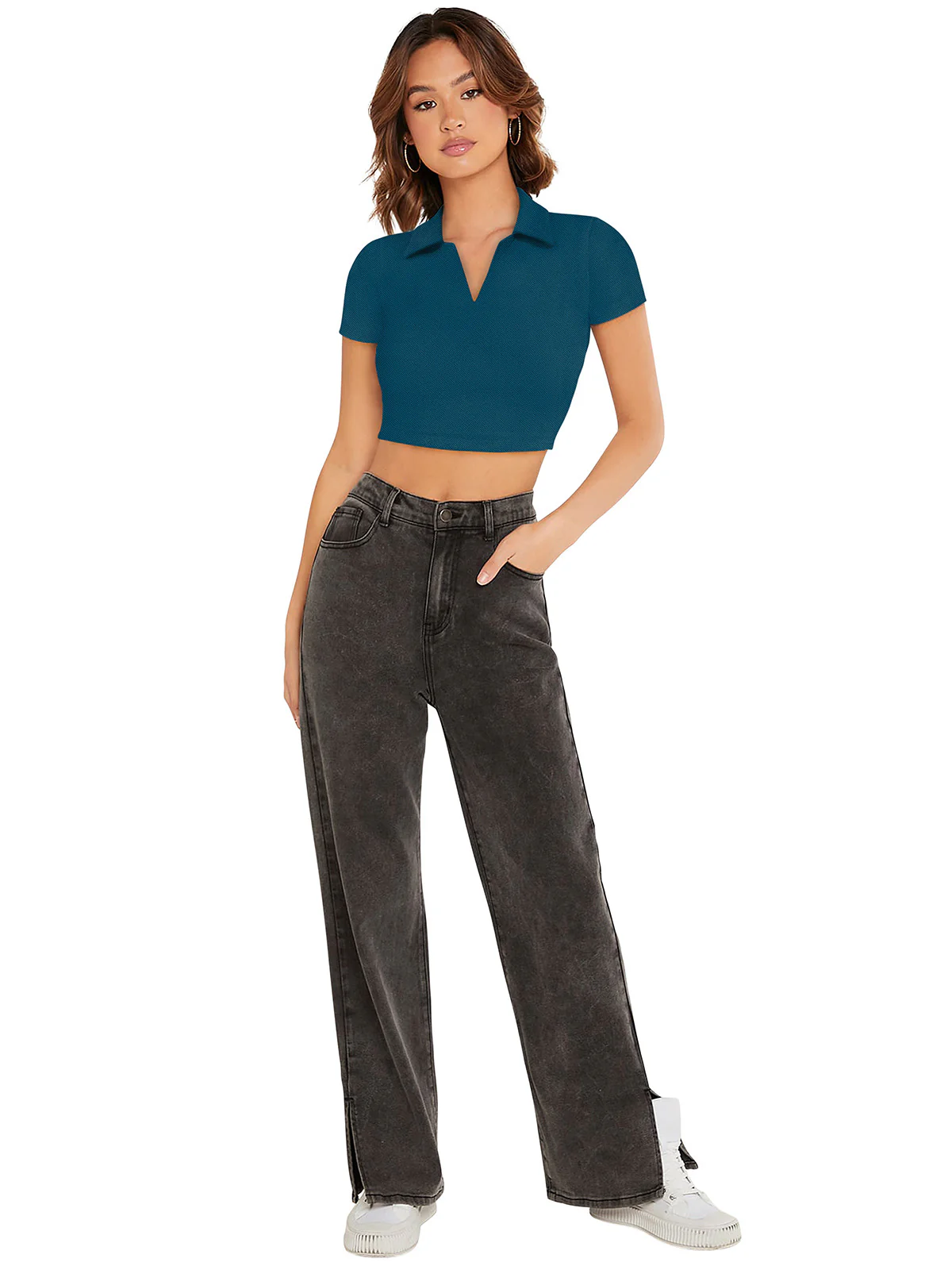 Odette Teal Polyester Solid Top For Women - Image 5