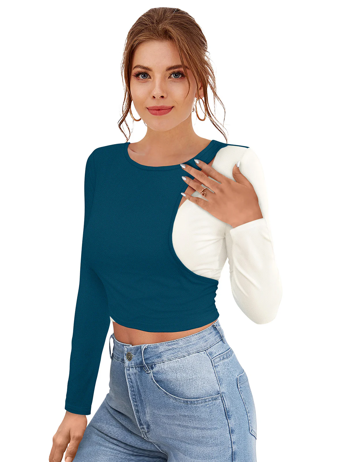 Odette Teal Polyester Solid Top For Women - Image 3