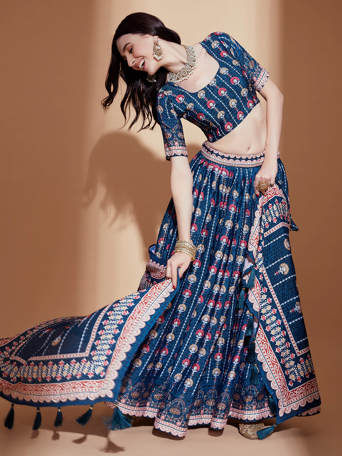 Odette Teal Printed Chinon  Semi Stitched Lehenga With Unstitched Blouse  For Women - Image 2