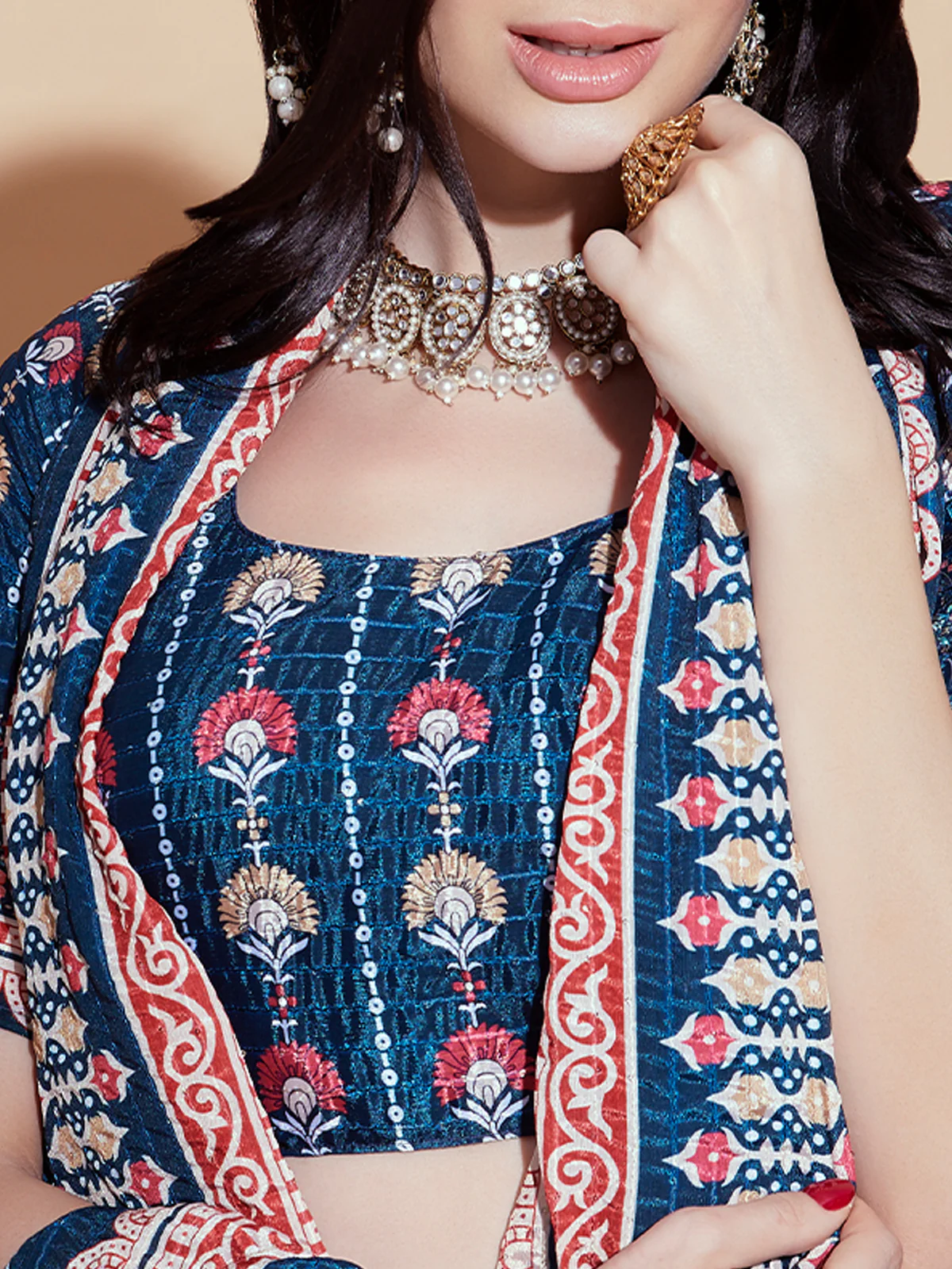 Odette Teal Printed Chinon  Semi Stitched Lehenga With Unstitched Blouse  For Women - Image 5