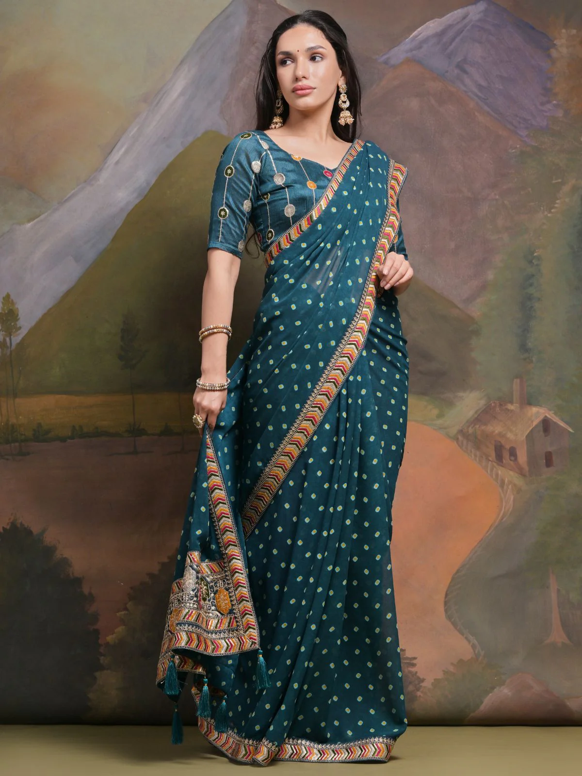 Odette Teal Printed Georgette Saree With Unstitched Blouse For Women - Image 3