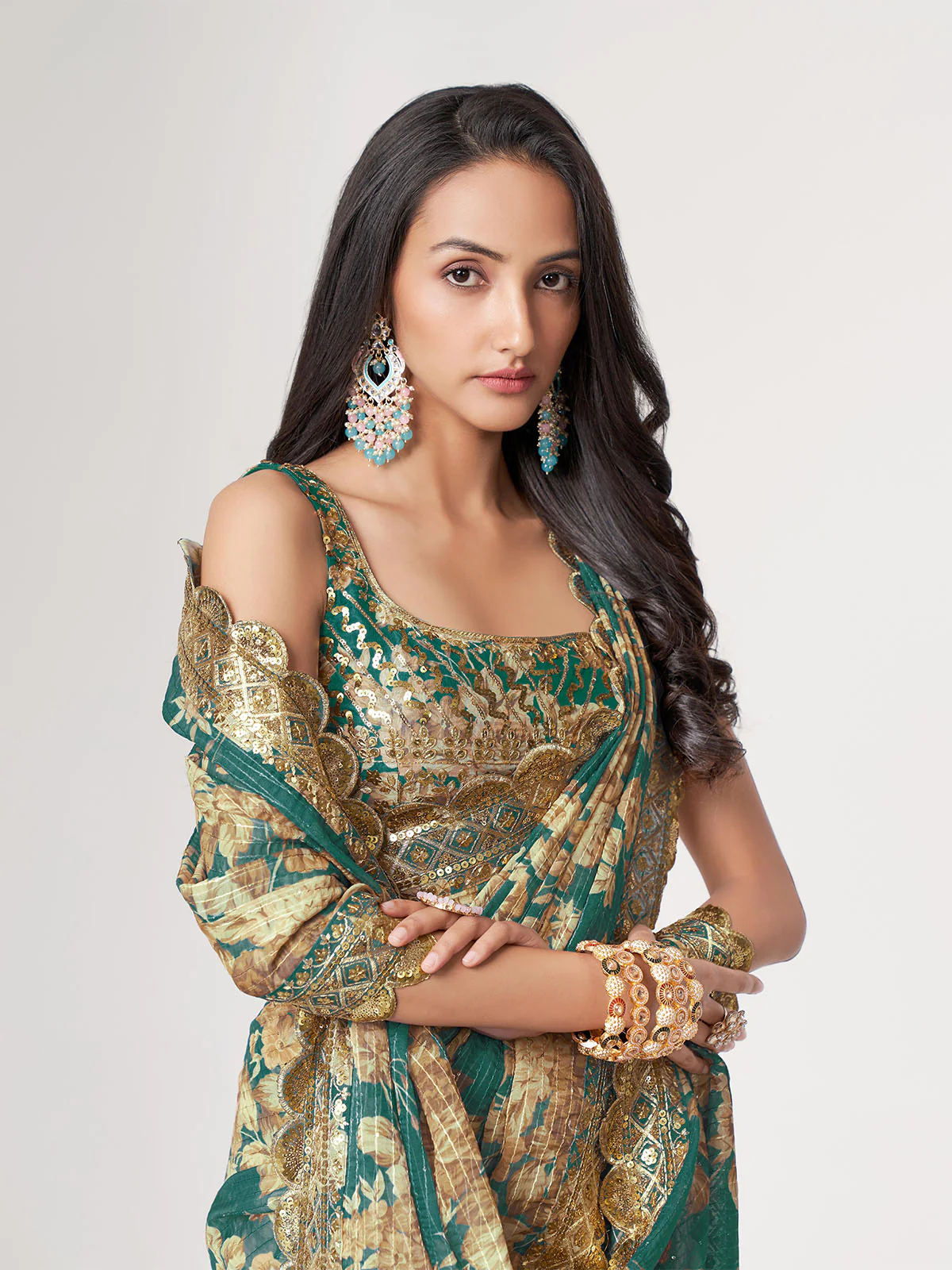 Odette Teal Printed Organza Saree With Unstitched Blouse For Women - Image 6