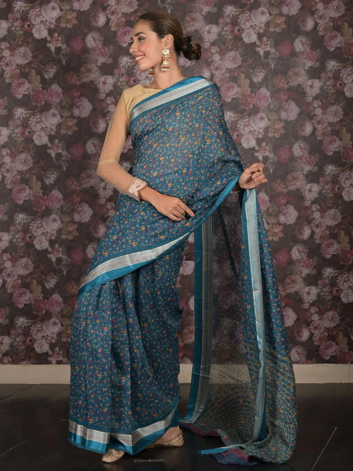 Odette Teal Printed Polyester Saree With Unstitched Blouse For Women - Image 3
