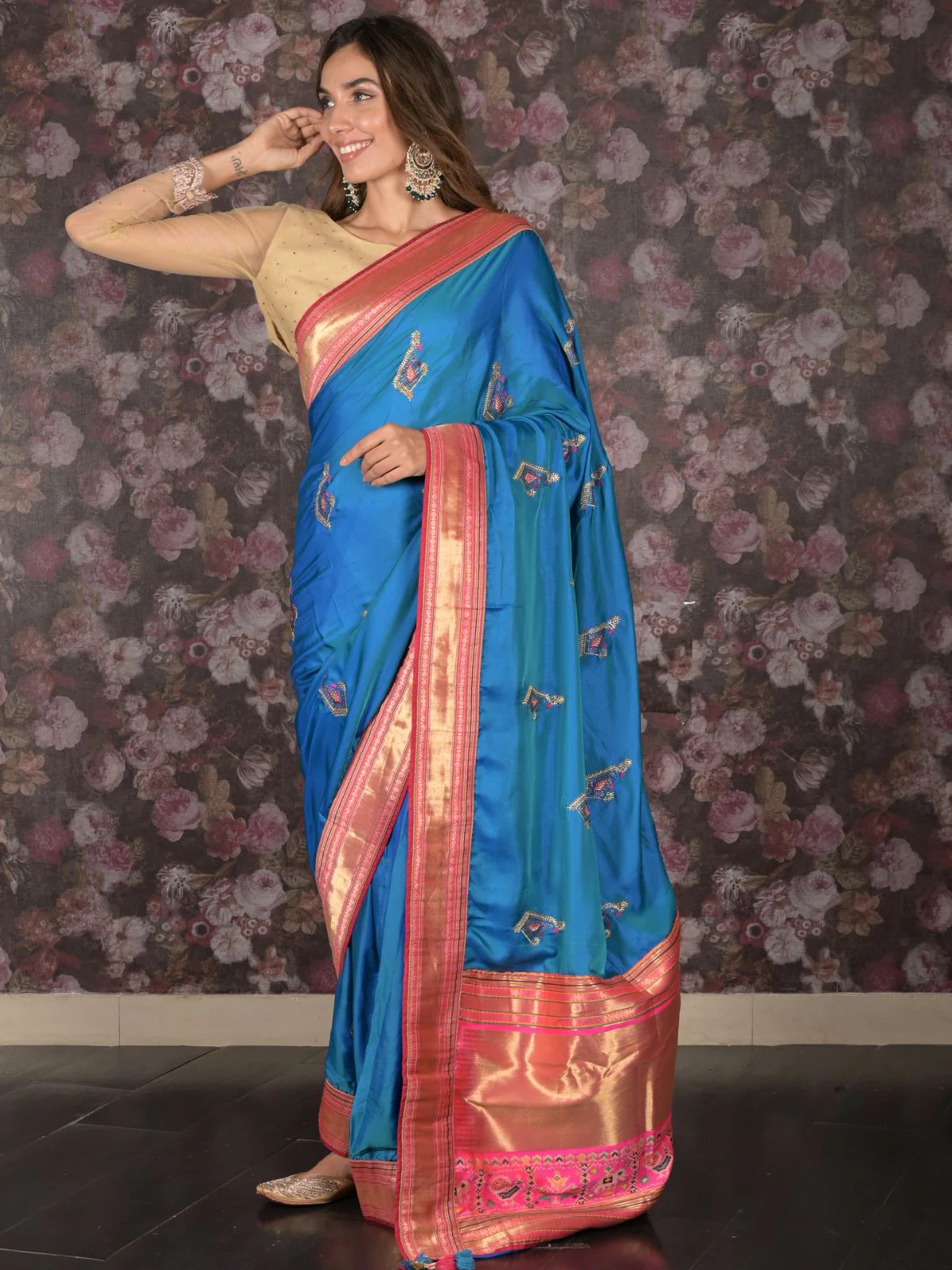 Odette Teal Satin Embroidered Saree With Unstitched Blouse For Women - Image 3
