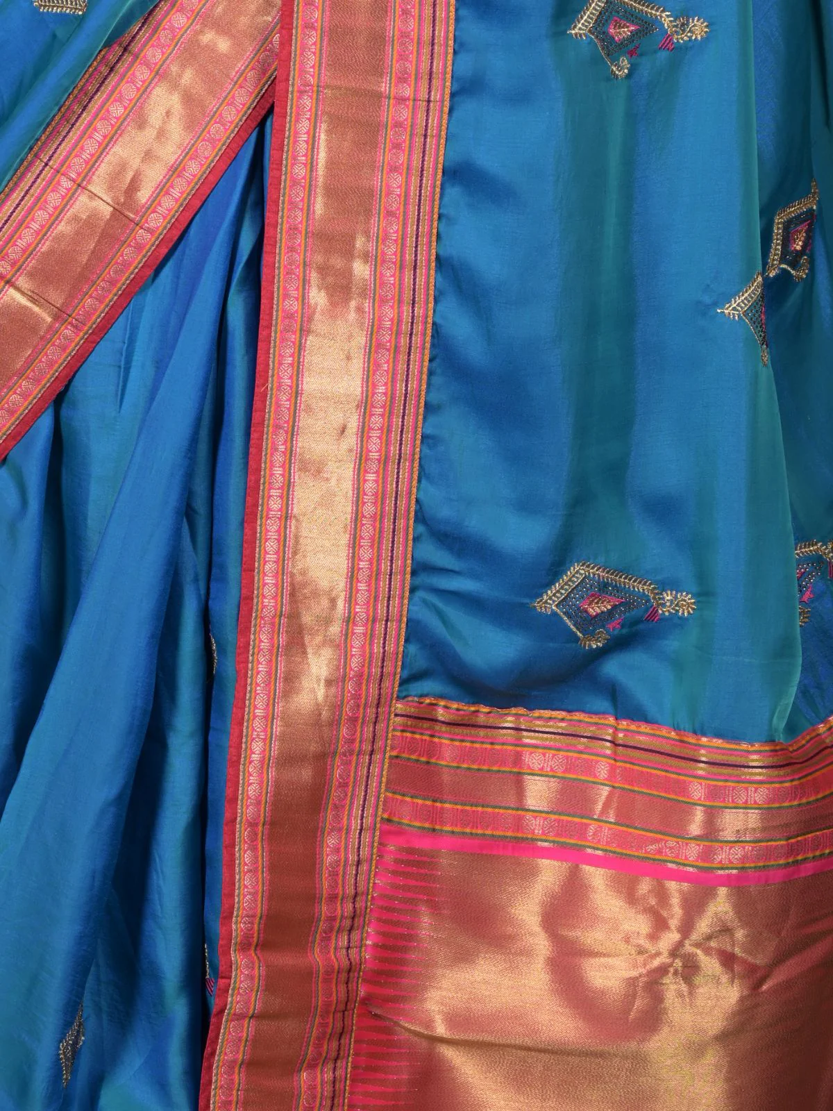 Odette Teal Satin Embroidered Saree With Unstitched Blouse For Women - Image 5