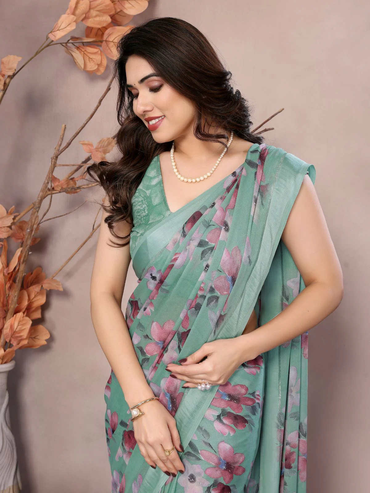 Odette Teal Satin Printed Saree With Unstitched Blouse For Women - Image 3