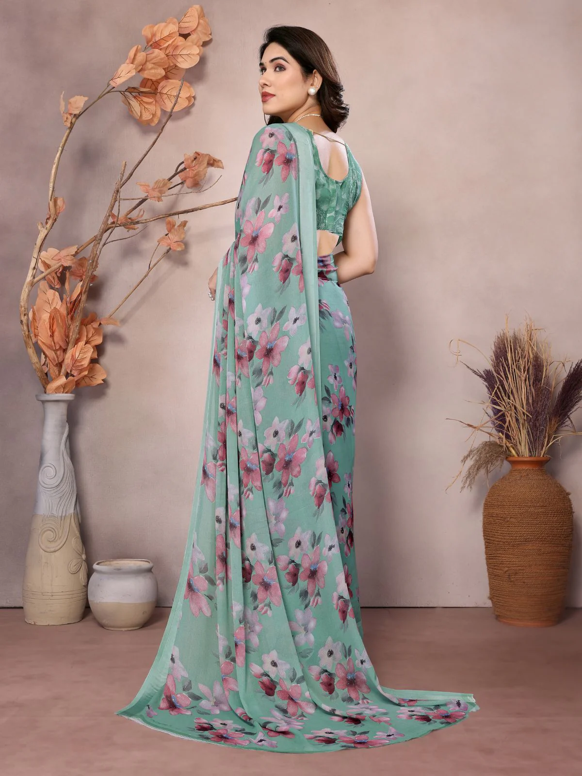 Odette Teal Satin Printed Saree With Unstitched Blouse For Women - Image 4