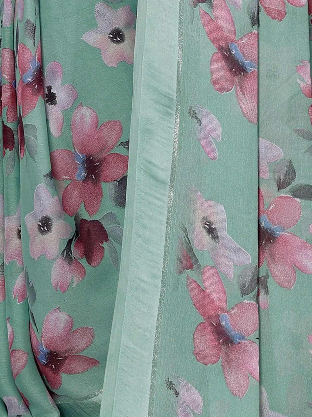Odette Teal Satin Printed Saree With Unstitched Blouse For Women - Image 5