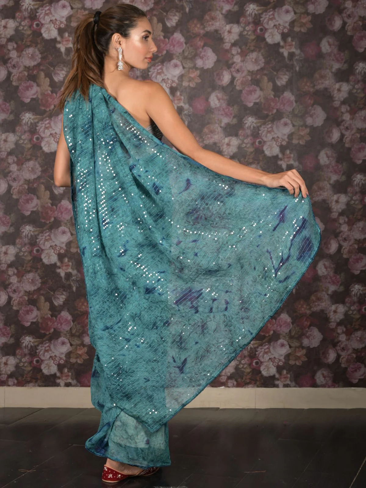 Odette Teal Sequins Embroidered Georgette Saree With Unstitched Blouse For Women - Image 4
