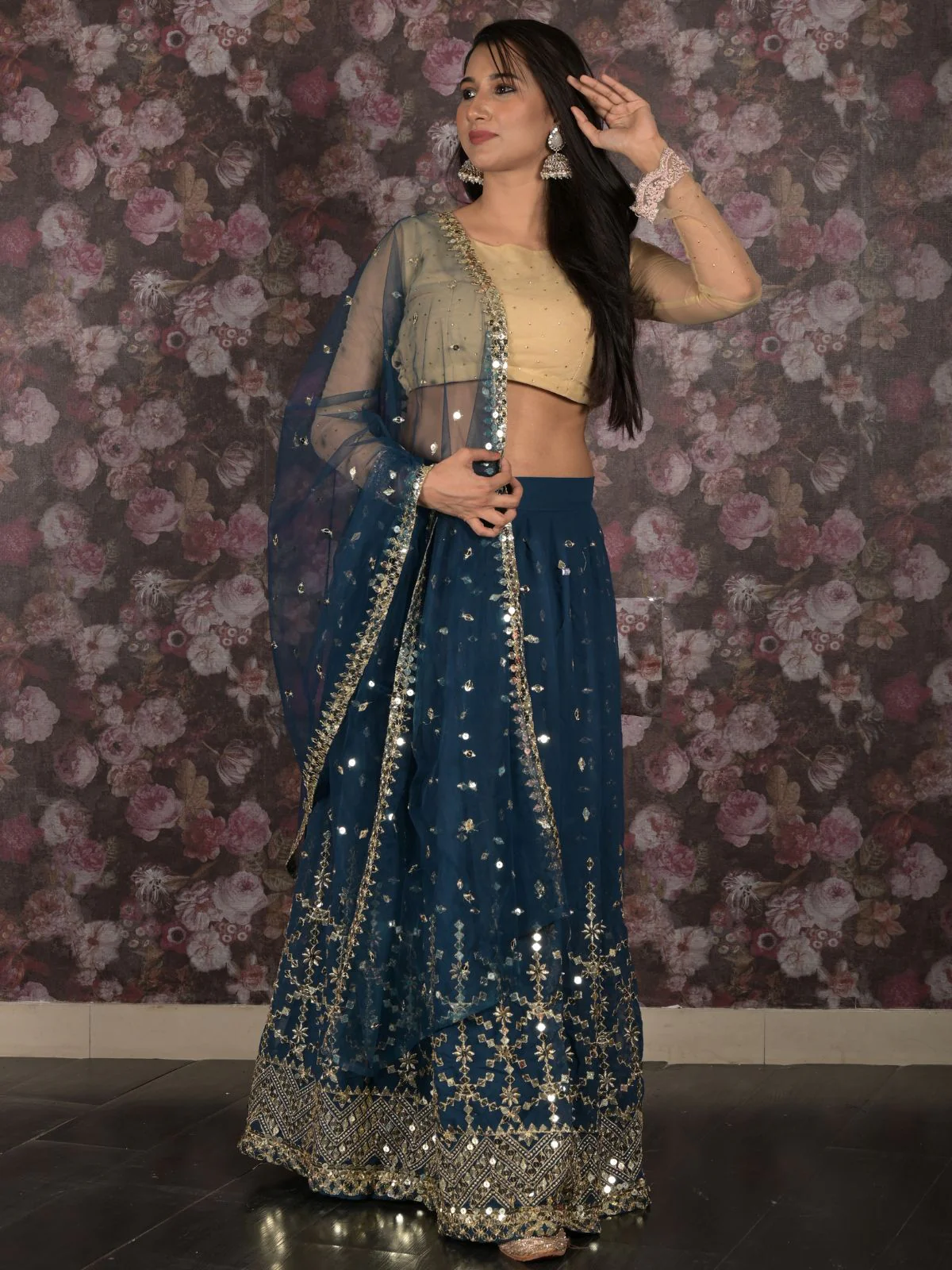 Odette Teal Sequins Embroidered Lehenga Set With Dupatta And Unstitched Blouse For Women - Image 2