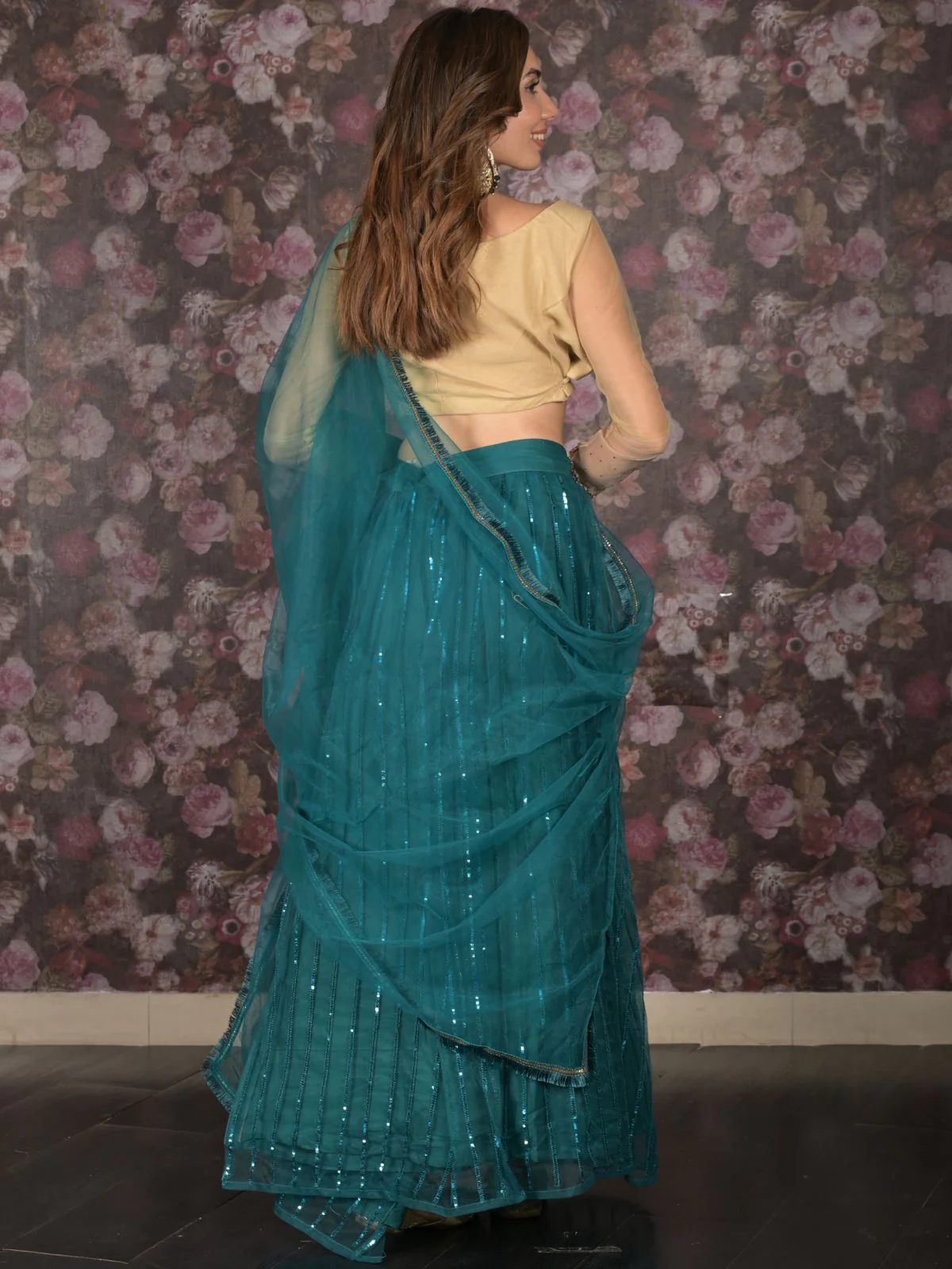 Odette Teal Sequins Embroidered Net Semi-Stitched Lehenga with Unstitched Blouse for Women - Image 4