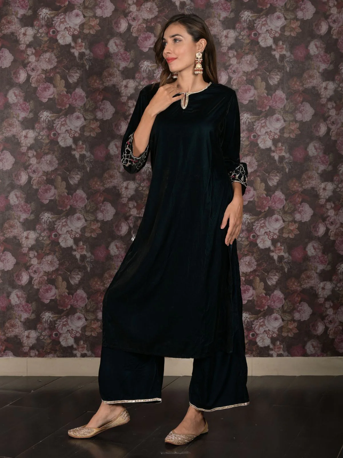 Odette Teal Sequins Embroidered Velvet Stitched Kurta Set for Women - Image 2