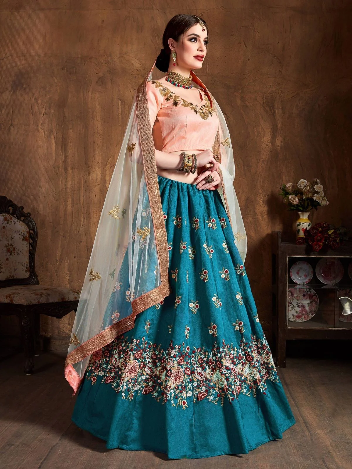 Odette Teal Silk Blend Embroidered Semi Stitched Lehenga With Blouse For Women - Image 2
