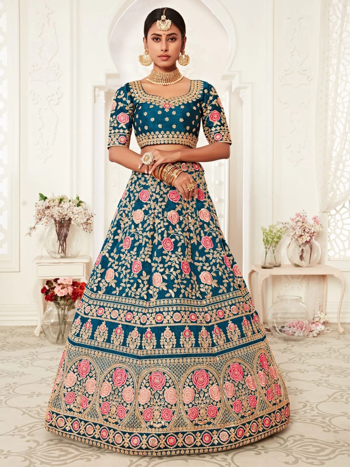 Odette Teal Silk Blend Embroidered Semi Stitched Lehenga With Unstitched Blouse For Women - Image 2