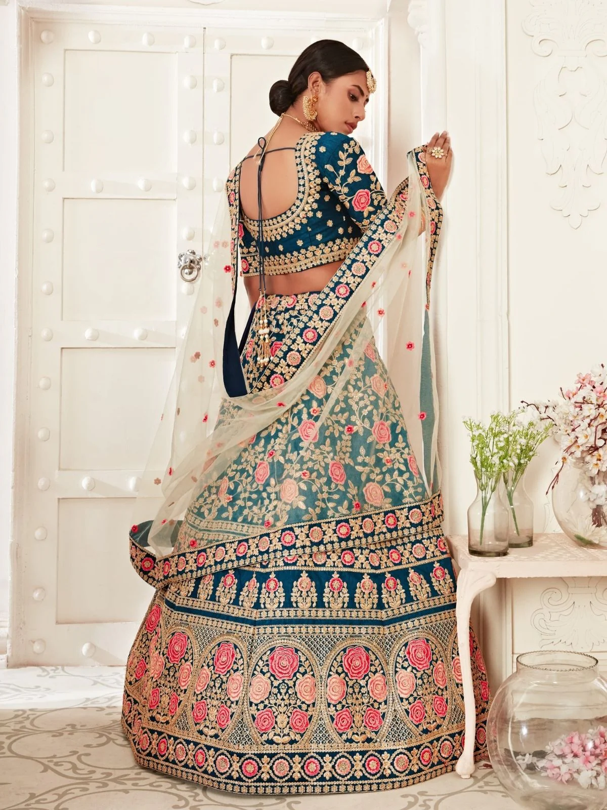 Odette Teal Silk Blend Embroidered Semi Stitched Lehenga With Unstitched Blouse For Women - Image 4