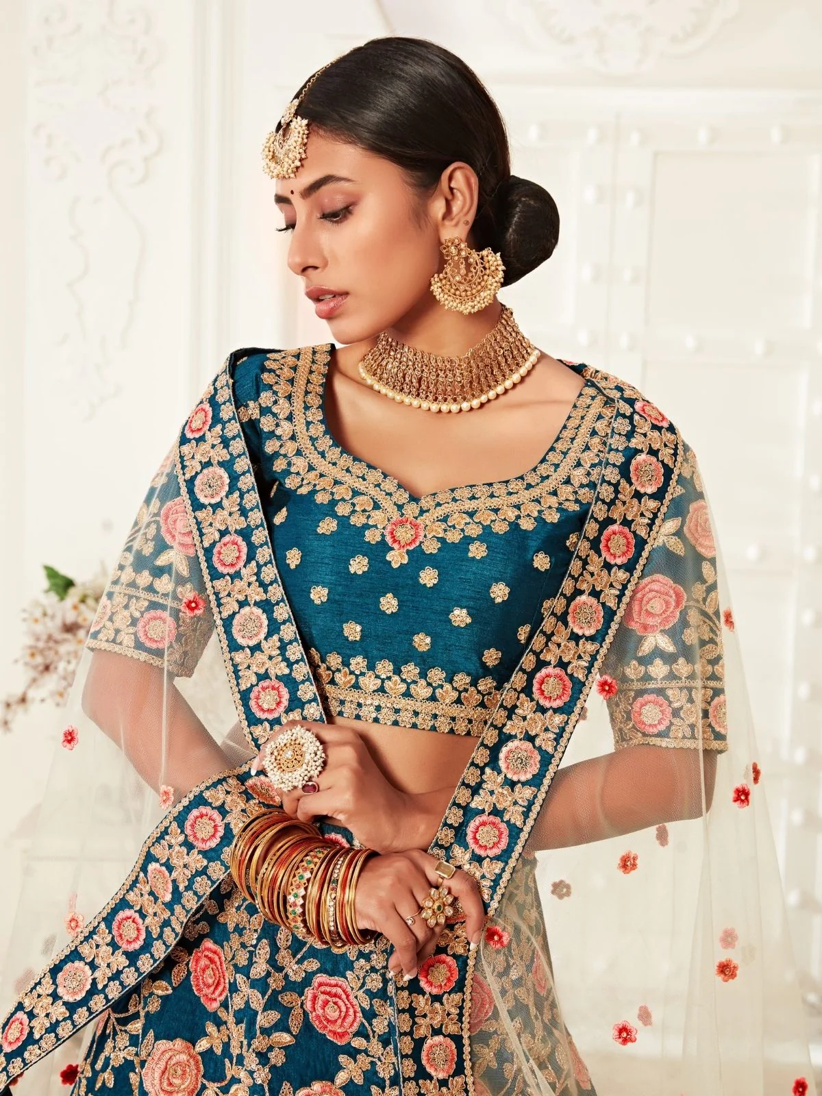 Odette Teal Silk Blend Embroidered Semi Stitched Lehenga With Unstitched Blouse For Women - Image 5