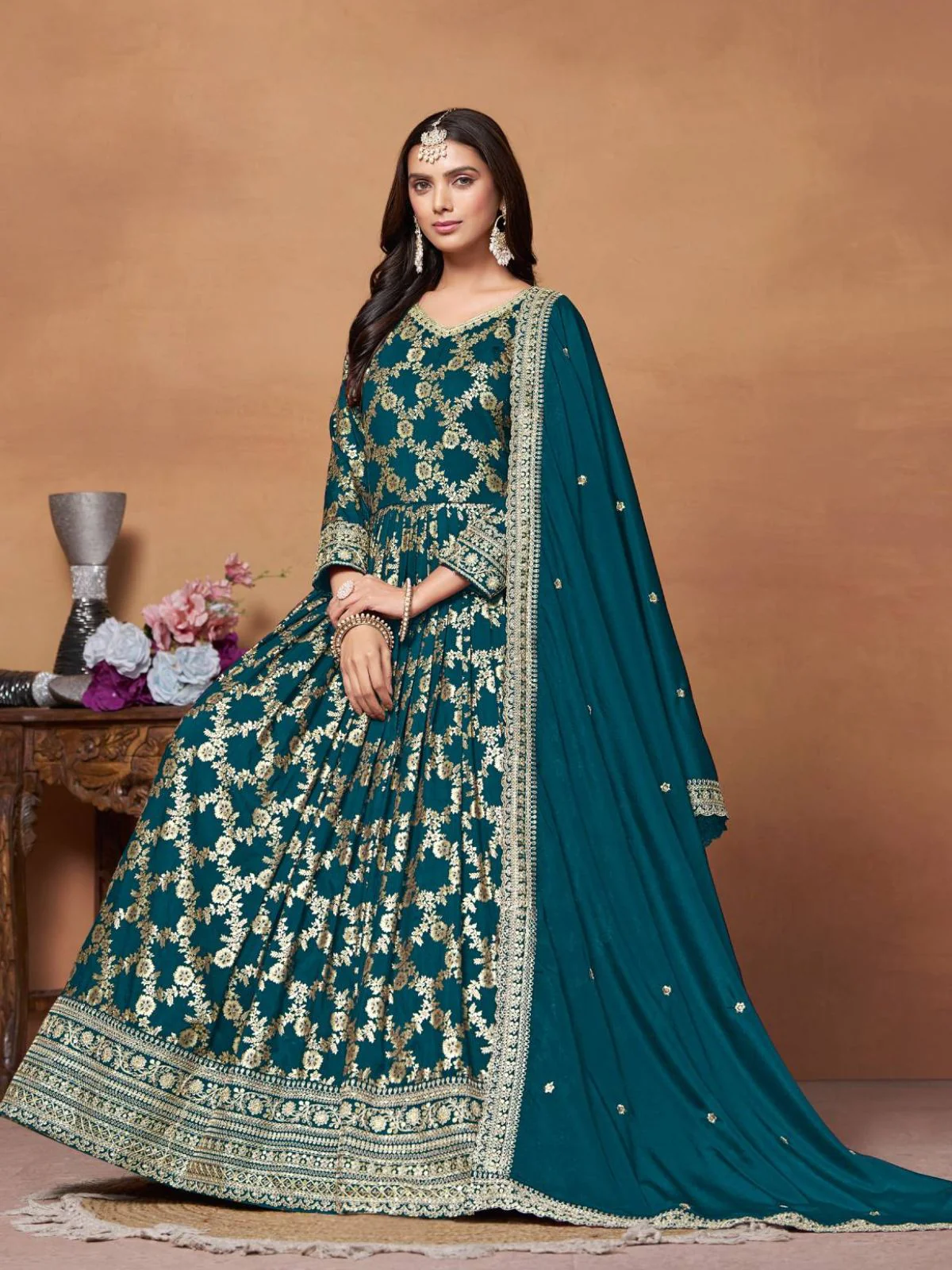 Odette Teal Silk Blend Foil Print Gown For Women - Image 2