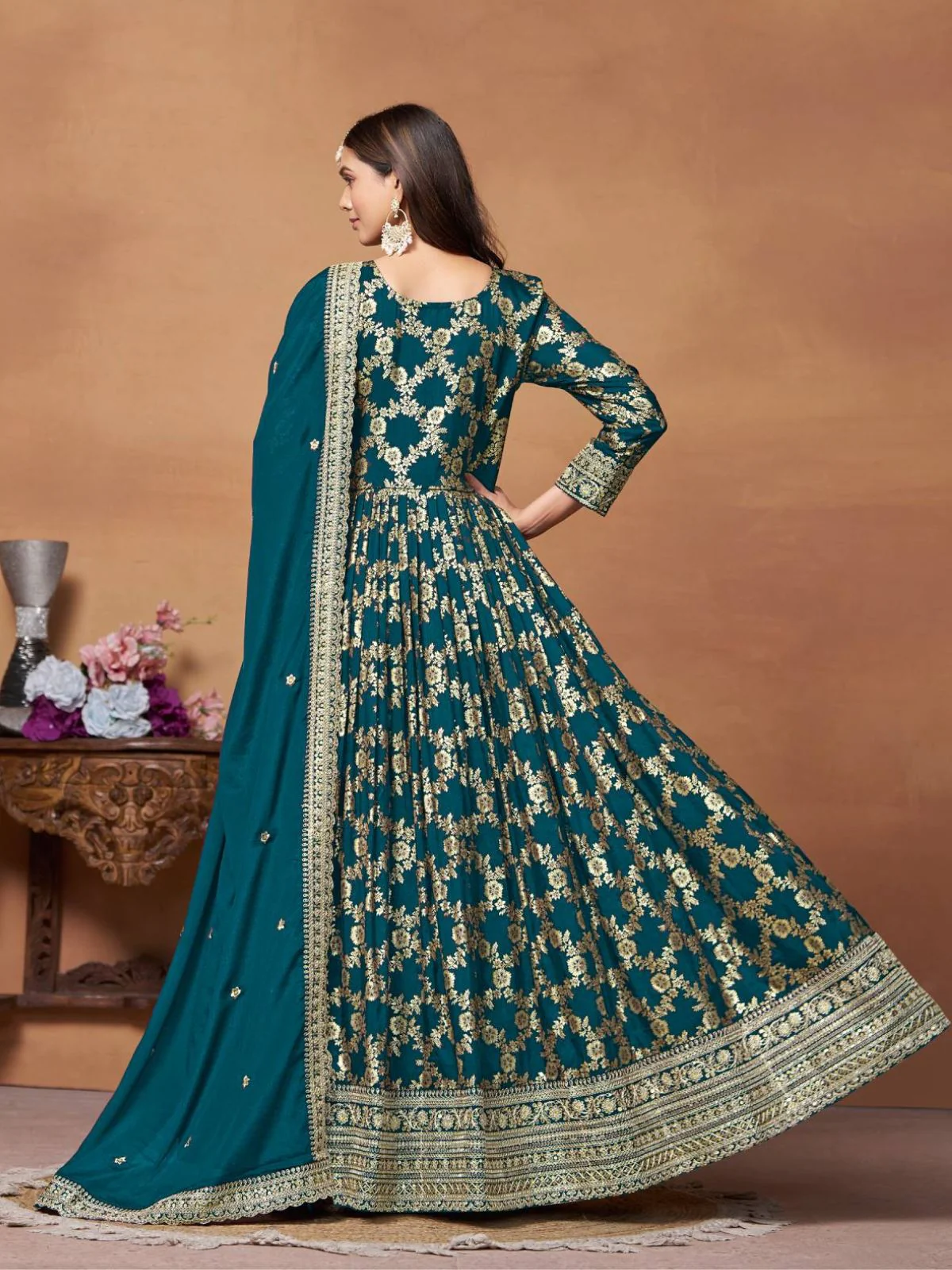 Odette Teal Silk Blend Foil Print Gown For Women - Image 3