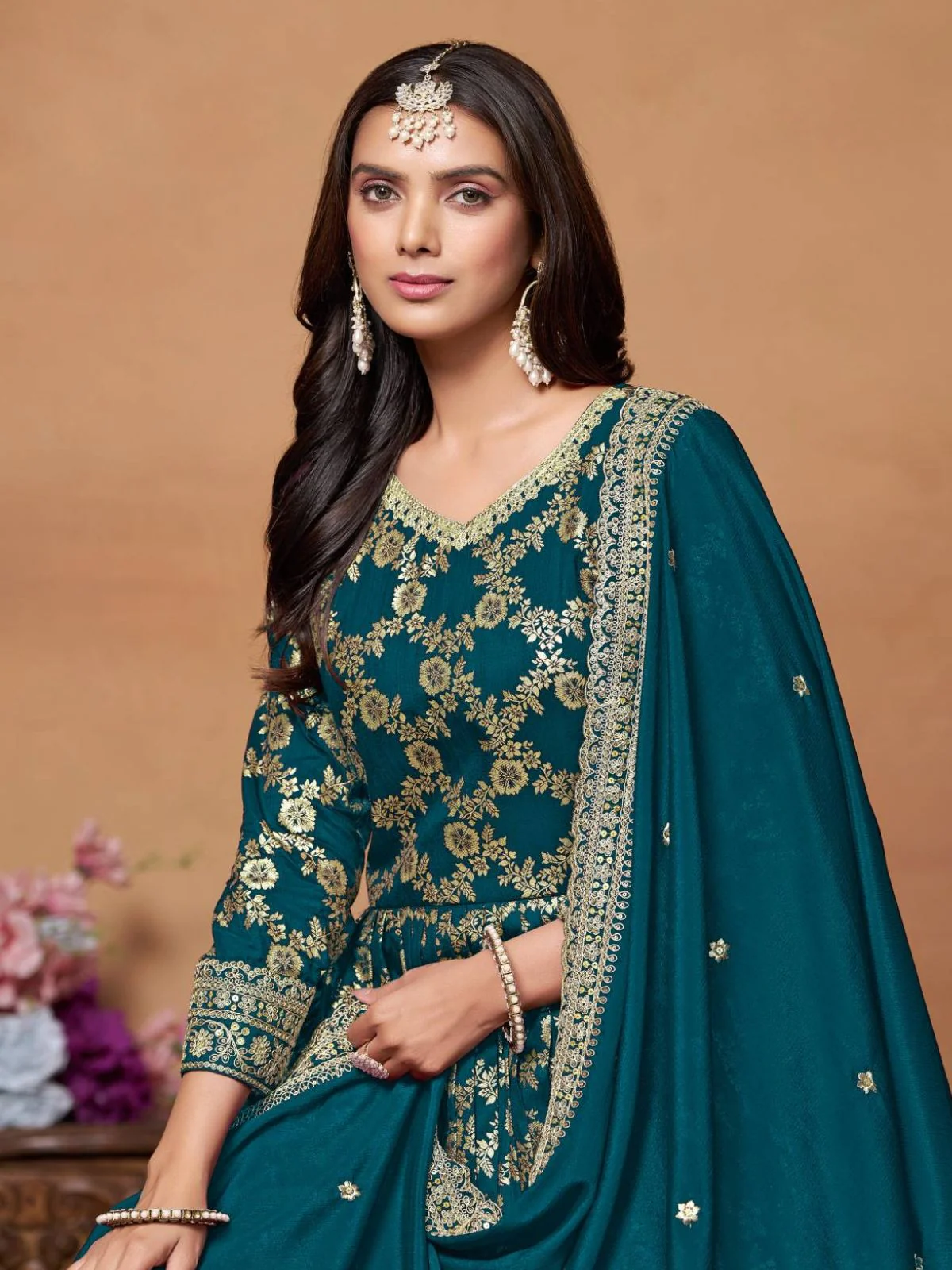 Odette Teal Silk Blend Foil Print Gown For Women - Image 4