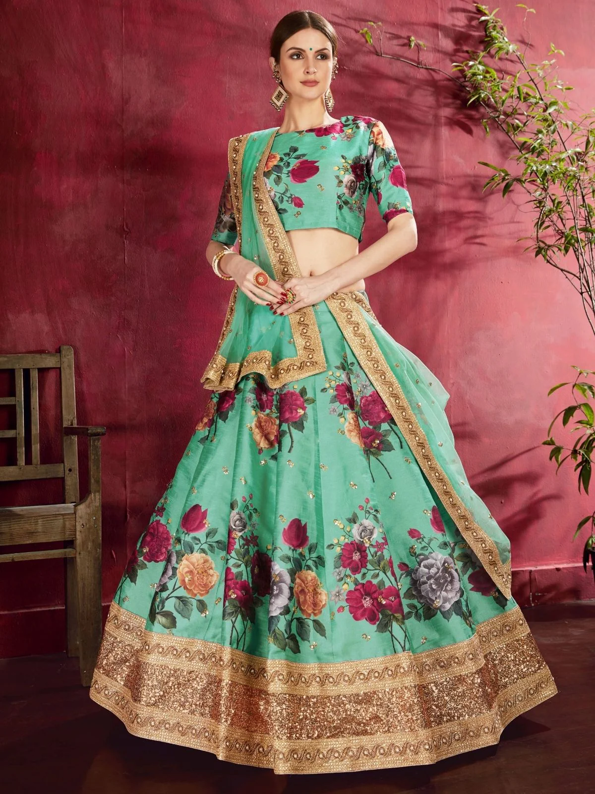 Odette Green Silk Blend Printed Semi Stitched Lehenga With Blouse For Women - Image 2