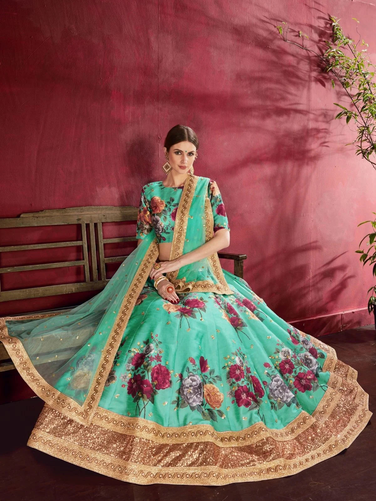 Odette Green Silk Blend Printed Semi Stitched Lehenga With Blouse For Women - Image 3