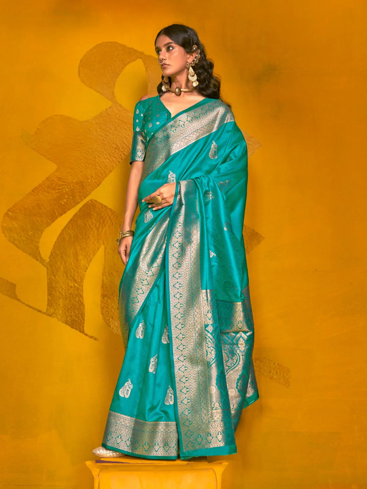 Odette Teal Silk Blend Woven Saree With Unstitched Blouse For Women