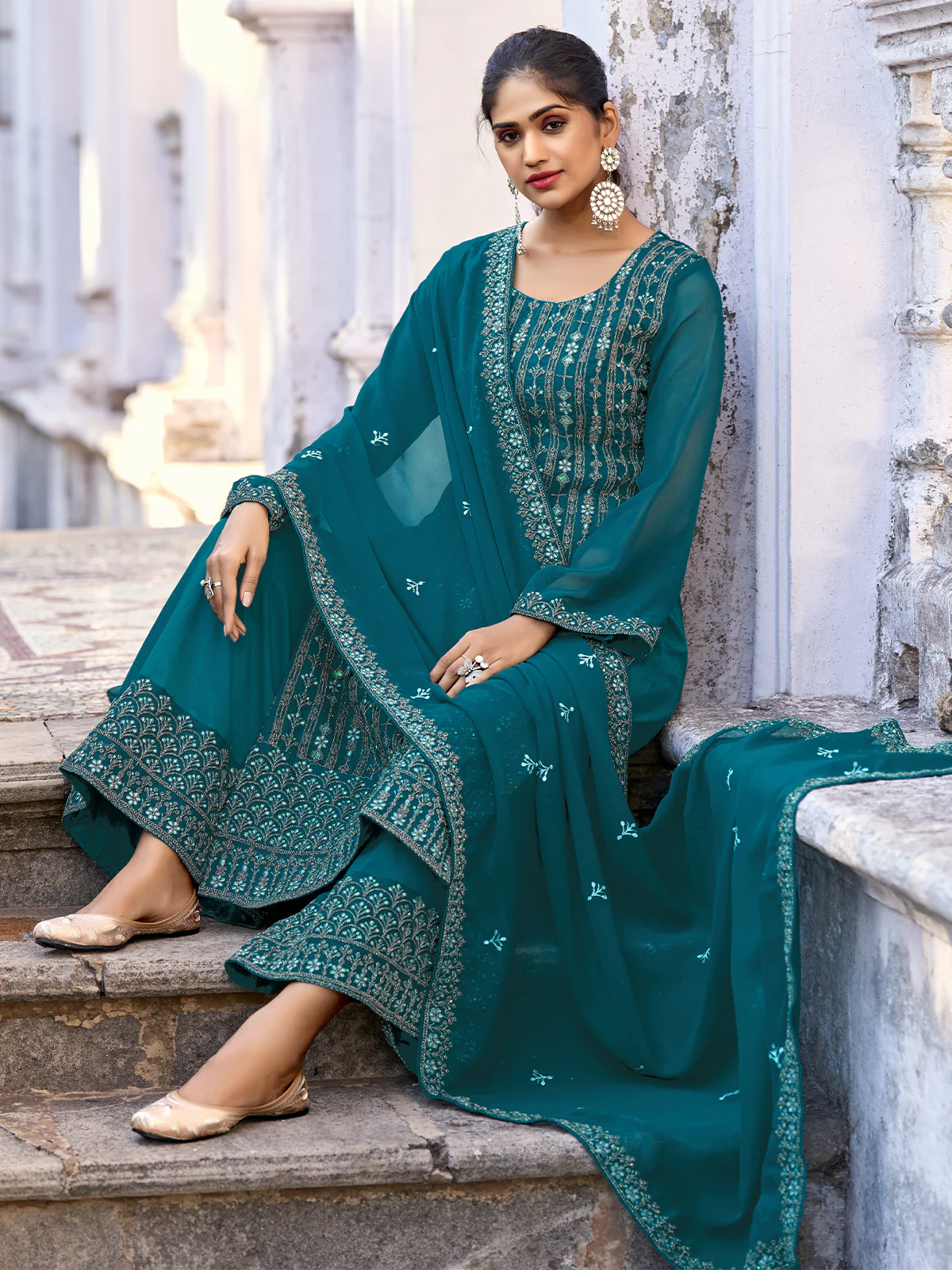 Odette Teal Silk Embroidered Semi stitched Kurta Set For Women - Image 2