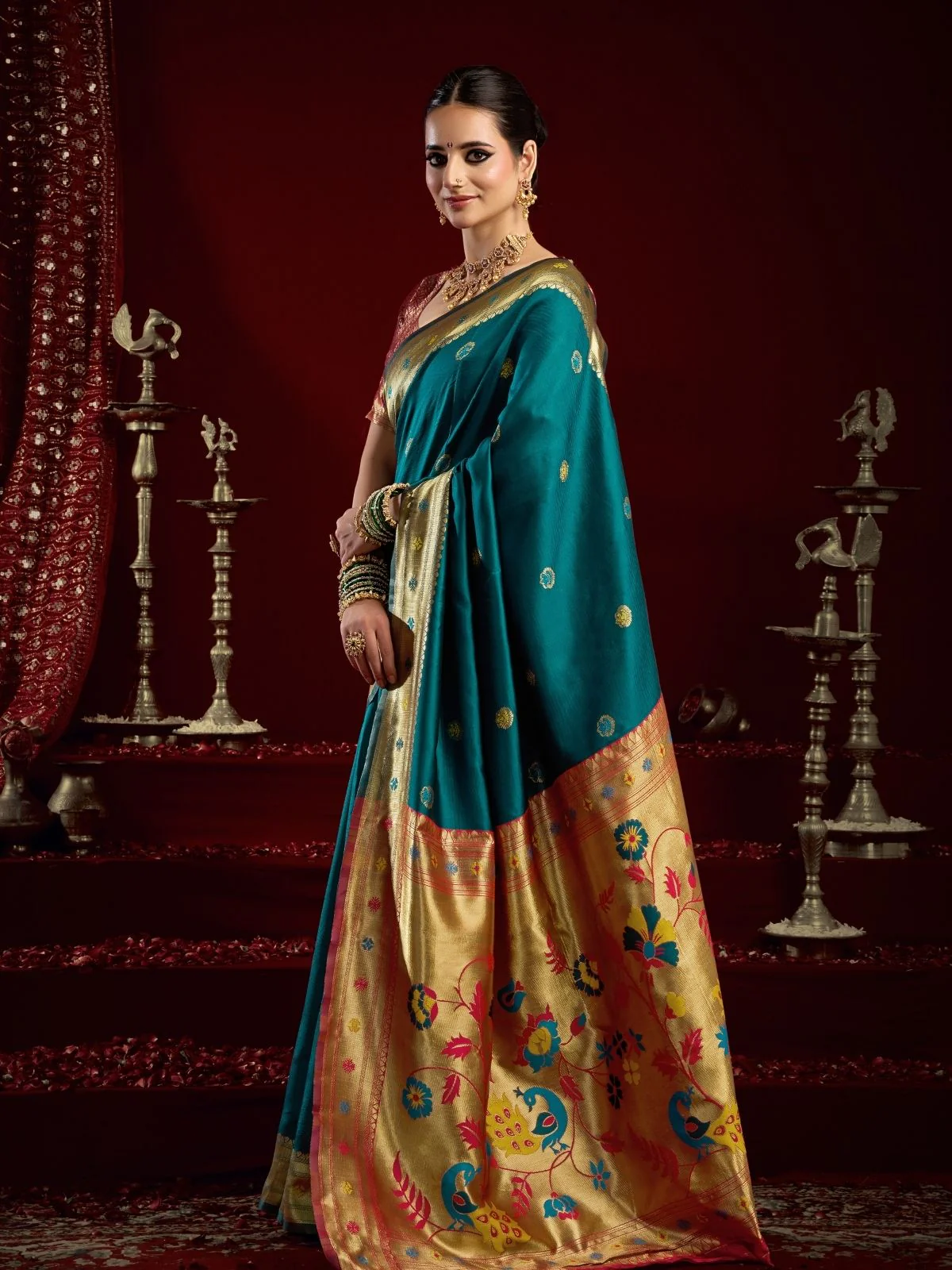 Odette Teal Silk Woven Paithani Saree For Women - Image 2