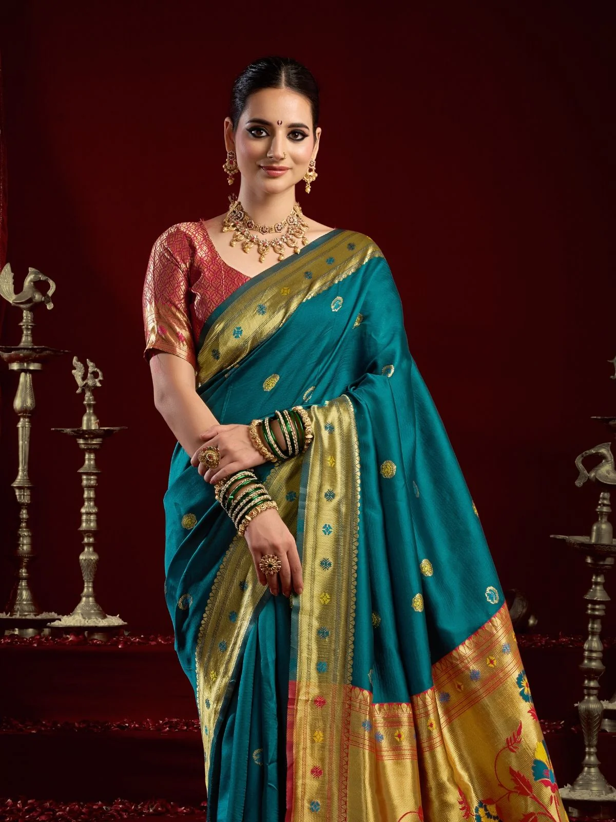Odette Teal Silk Woven Paithani Saree For Women - Image 5