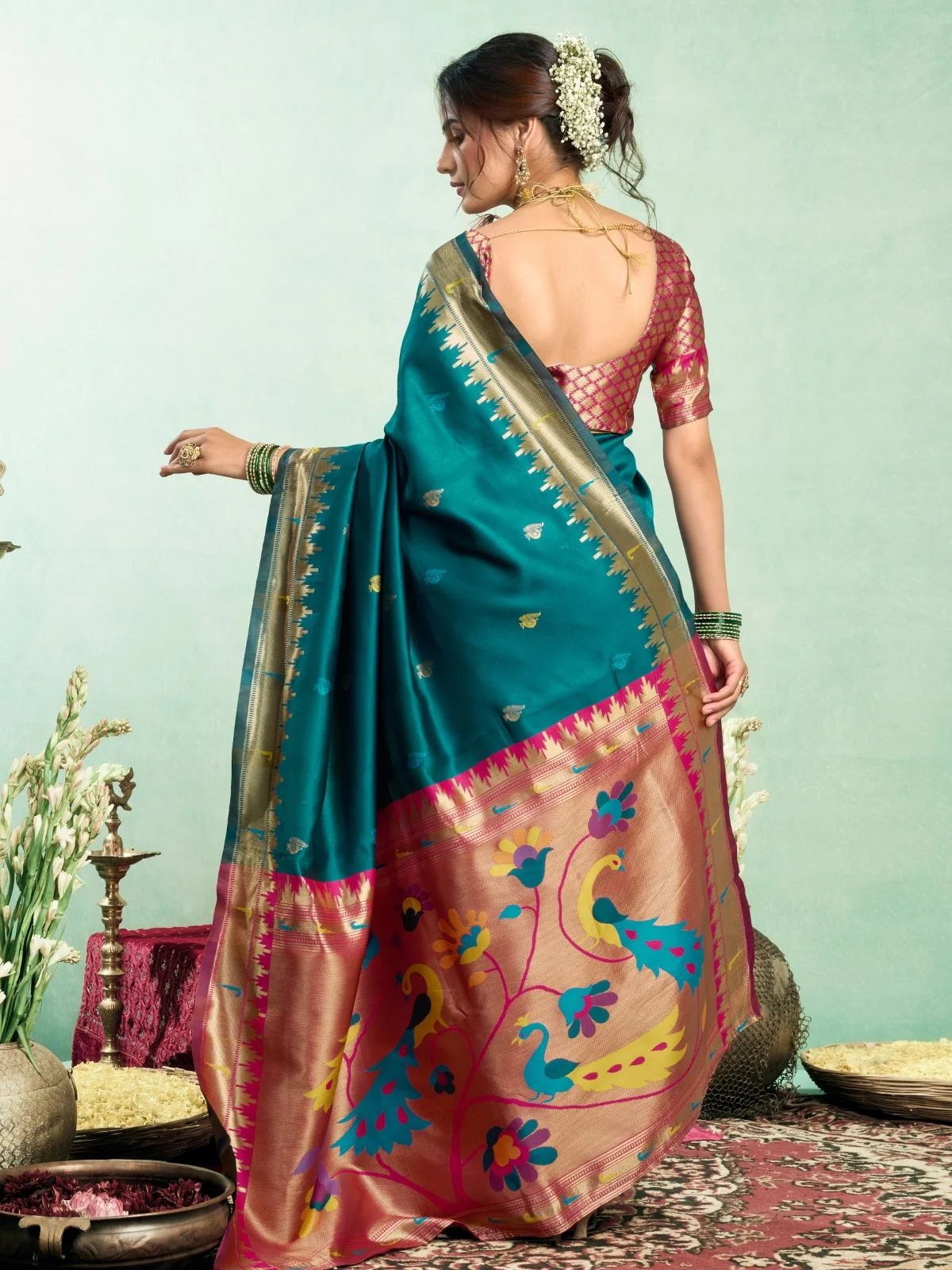 Odette Teal Silk Woven Paithani Saree For Women - Image 4