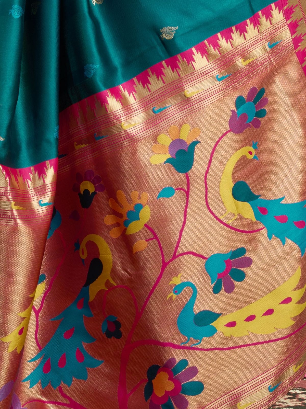 Odette Teal Silk Woven Paithani Saree For Women - Image 6