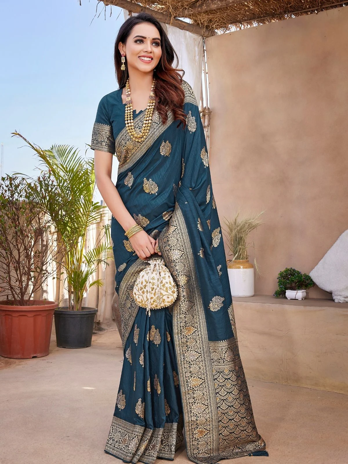 Odette Teal Silk Woven Saree For Women - Image 2