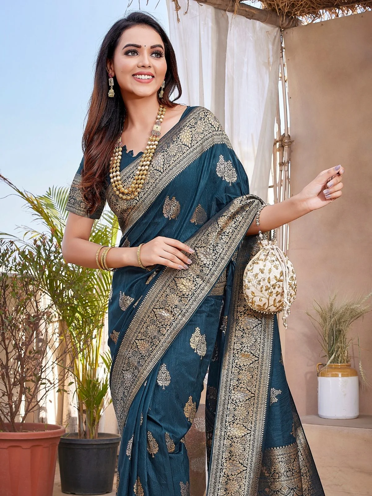 Odette Teal Silk Woven Saree For Women - Image 5