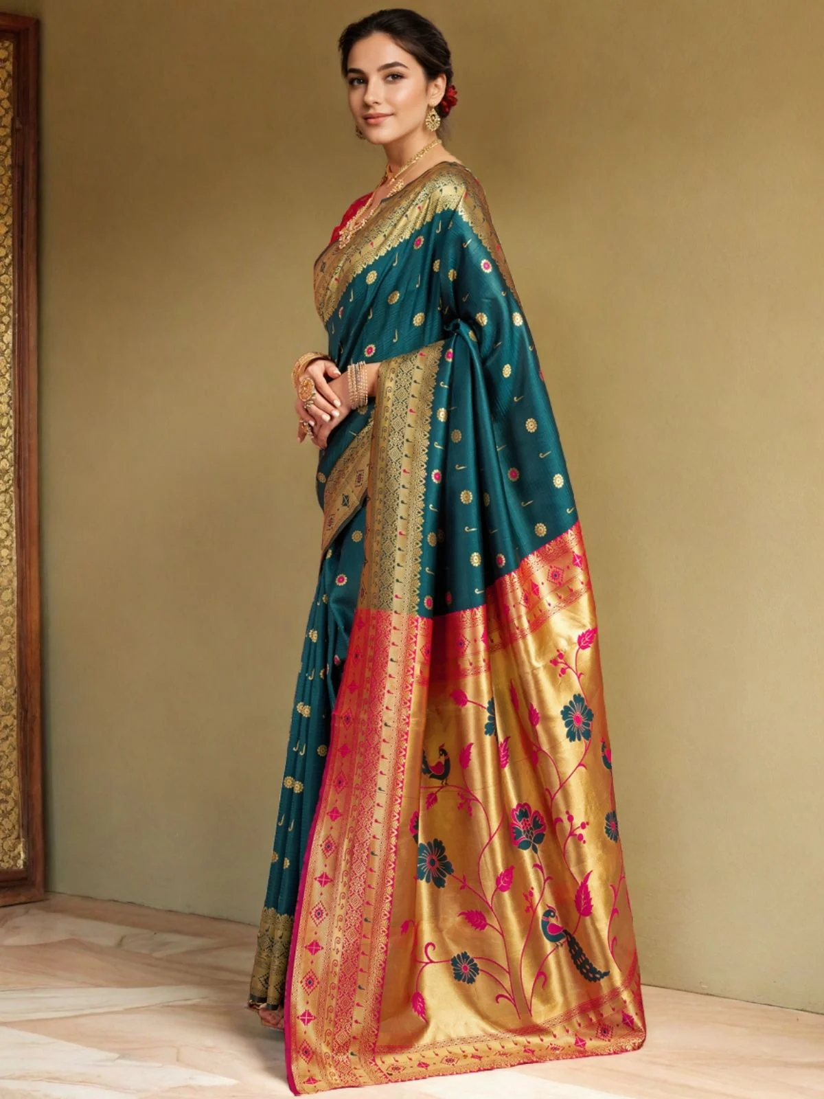 Odette Teal Silk Woven Saree For Women - Image 2
