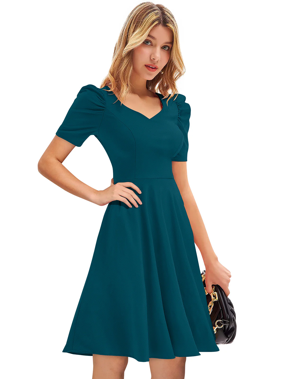Odette Teal  Skater Knit Fabric Dress For Women - Image 3