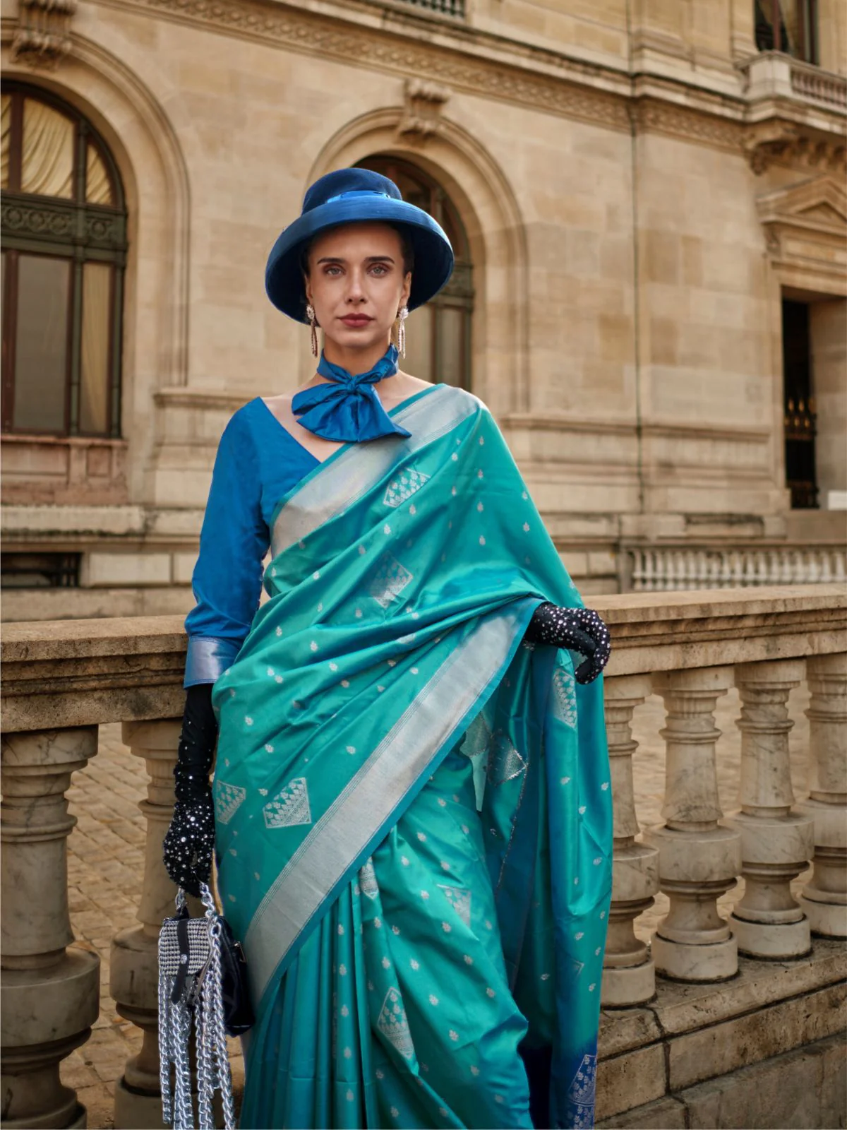 Odette Teal Soft Silk Woven Saree With Unstitched Blouse For Women - Image 2