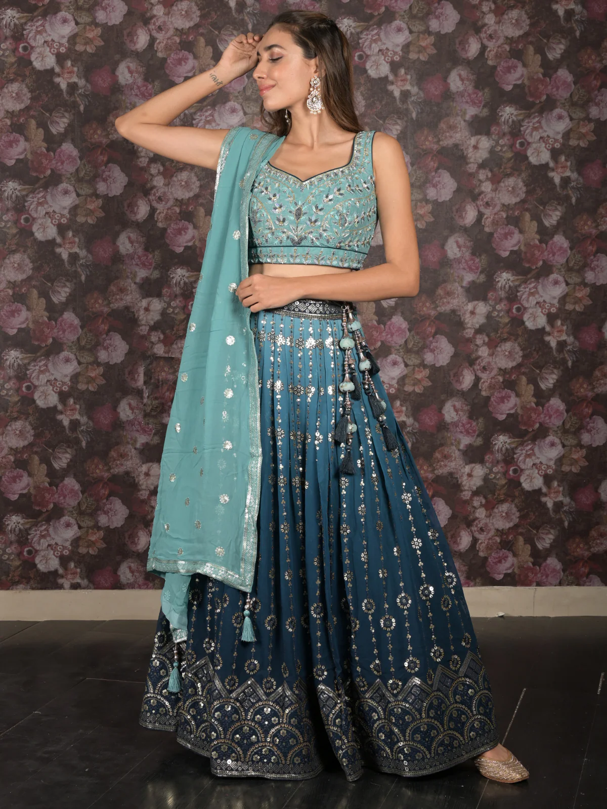 Odette Teal Stitched Sequins Embroidered Crepe Lehenga with Stitched Blouse And Dupatta For Women - Image 2