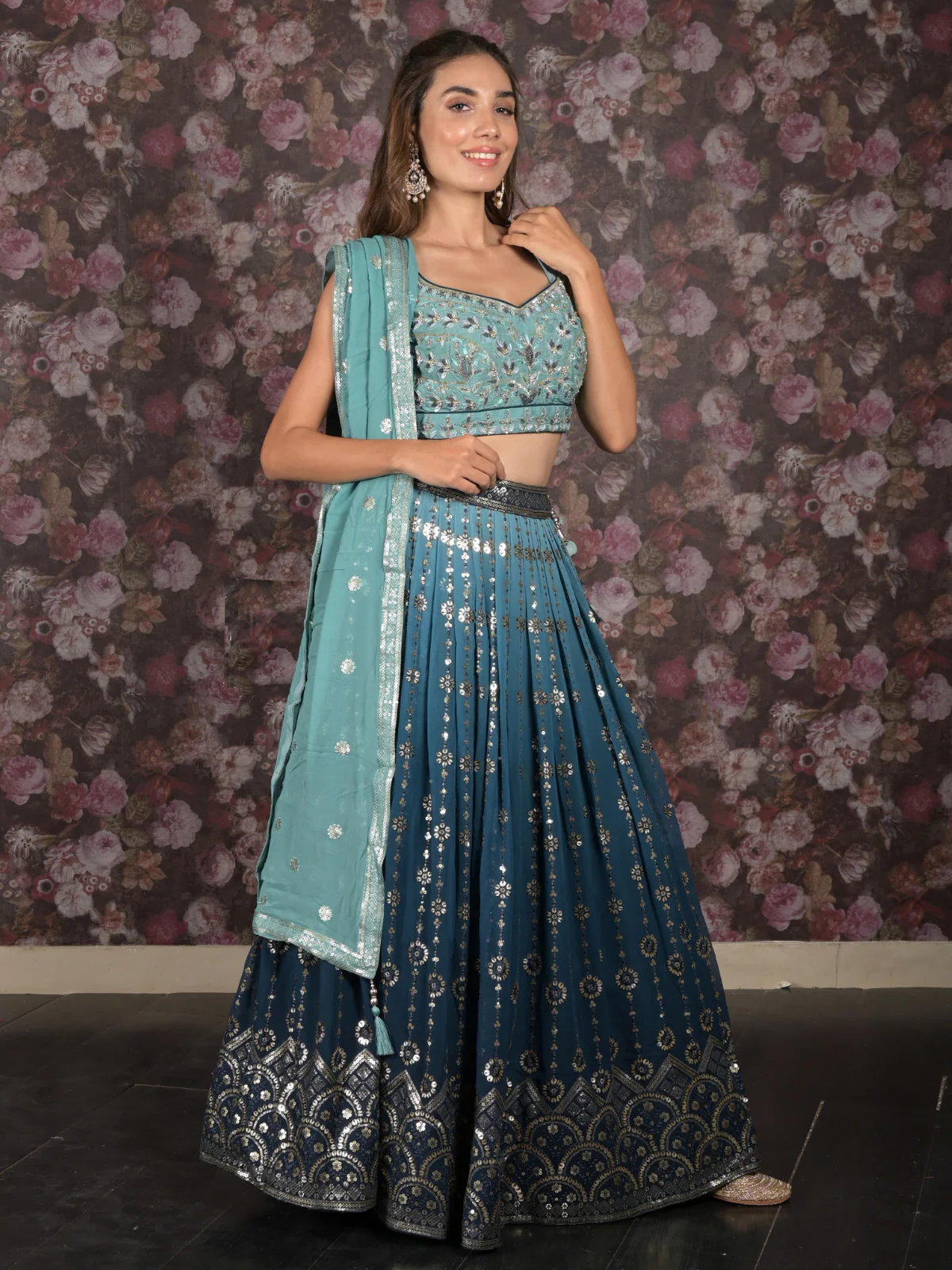 Odette Teal Stitched Sequins Embroidered Crepe Lehenga with Stitched Blouse And Dupatta For Women - Image 3