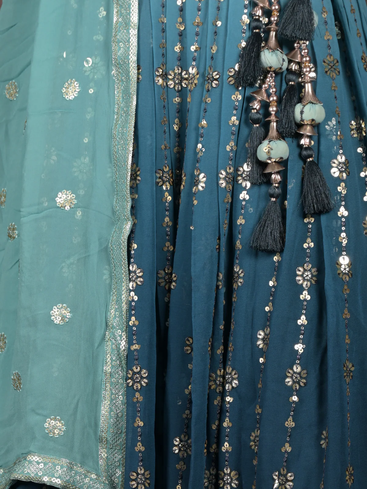 Odette Teal Stitched Sequins Embroidered Crepe Lehenga with Stitched Blouse And Dupatta For Women - Image 5