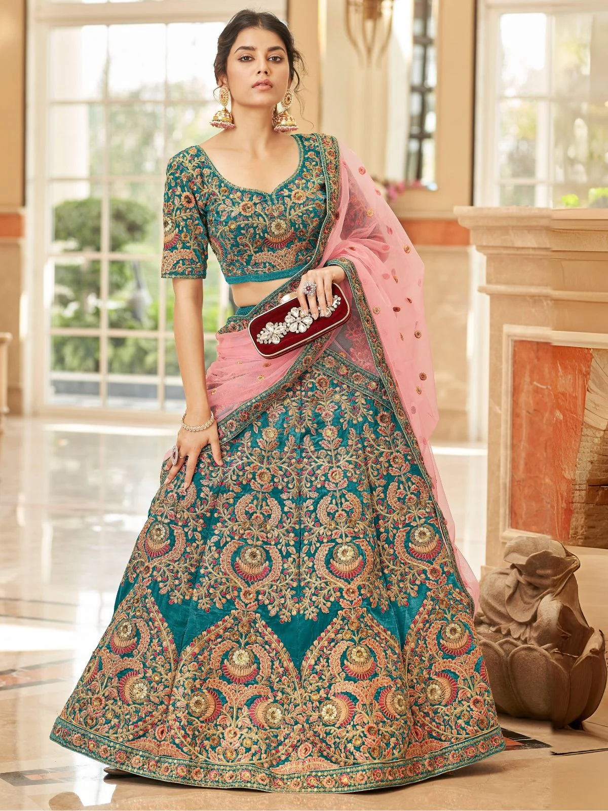 Odette Teal Velvet  Embroidered Semi Stitched Lehenga With Blouse For Women - Image 2