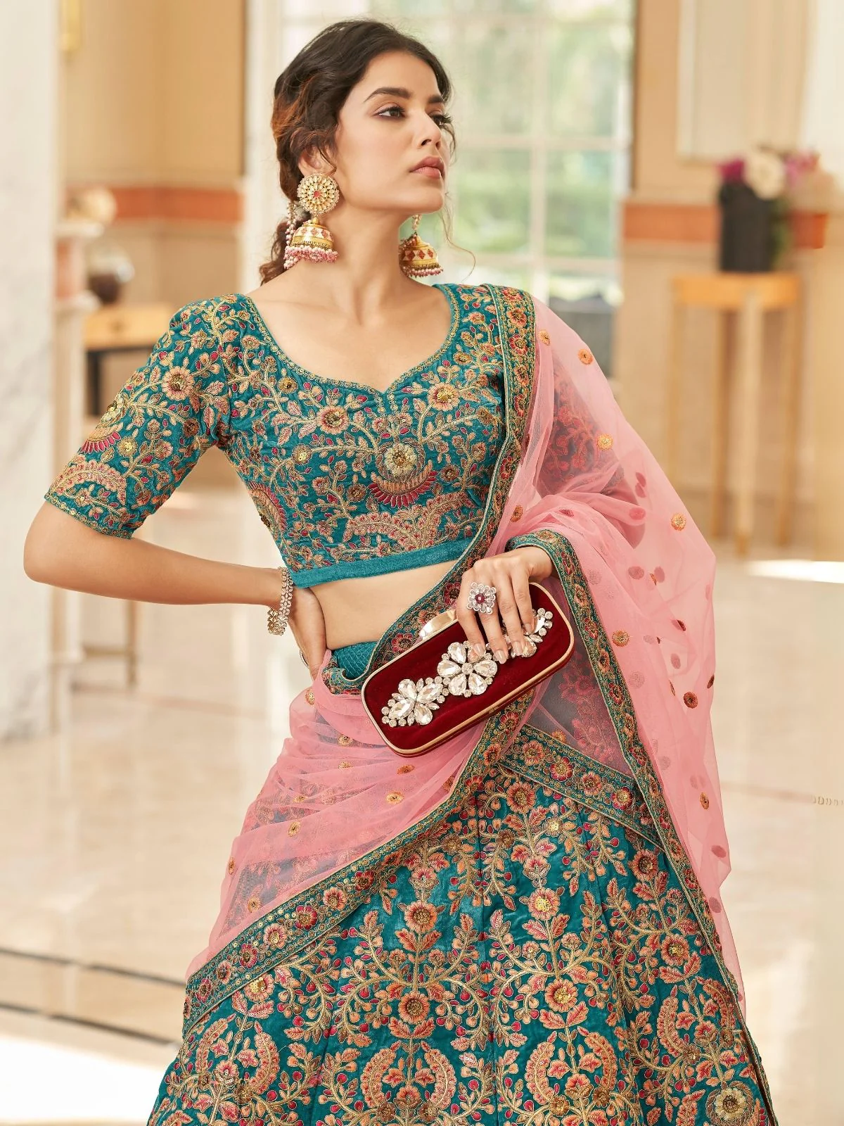 Odette Teal Velvet  Embroidered Semi Stitched Lehenga With Blouse For Women - Image 3