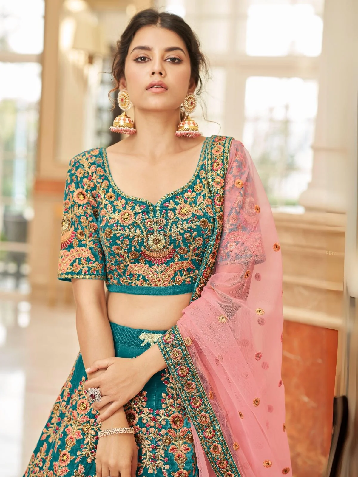 Odette Teal Velvet  Embroidered Semi Stitched Lehenga With Blouse For Women - Image 4
