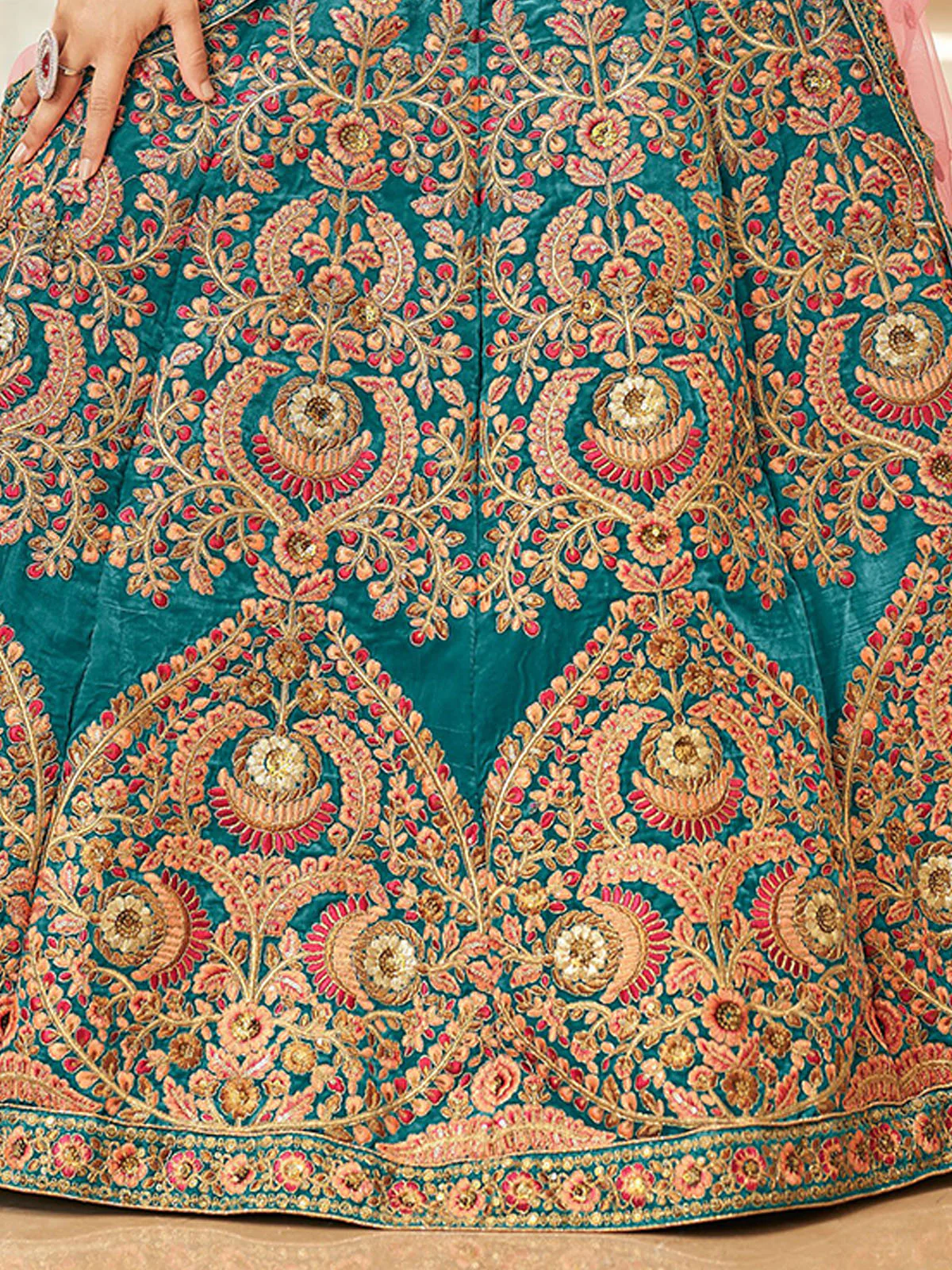 Odette Teal Velvet Embroidered Semi Stitched Lehenga With Unstitched Blouse For Women - Image 5