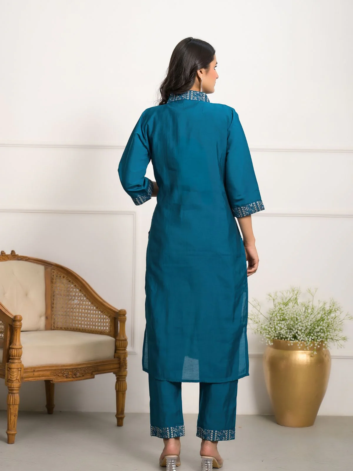 Odette Teal Viscose Chanderi Embroidered Stitched Kurta Set For Women - Image 3