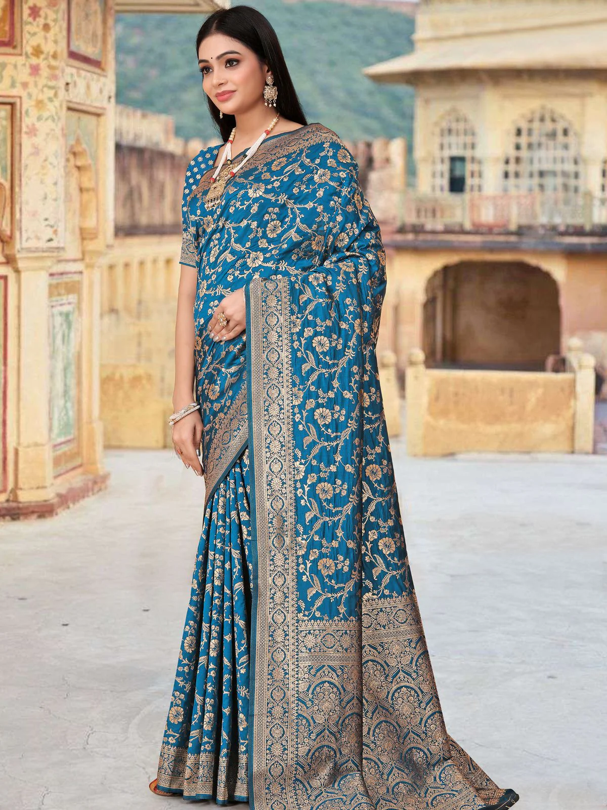 Odette Teal Woven Banarasi Silk Saree With unstitched Blouse For Women - Image 3
